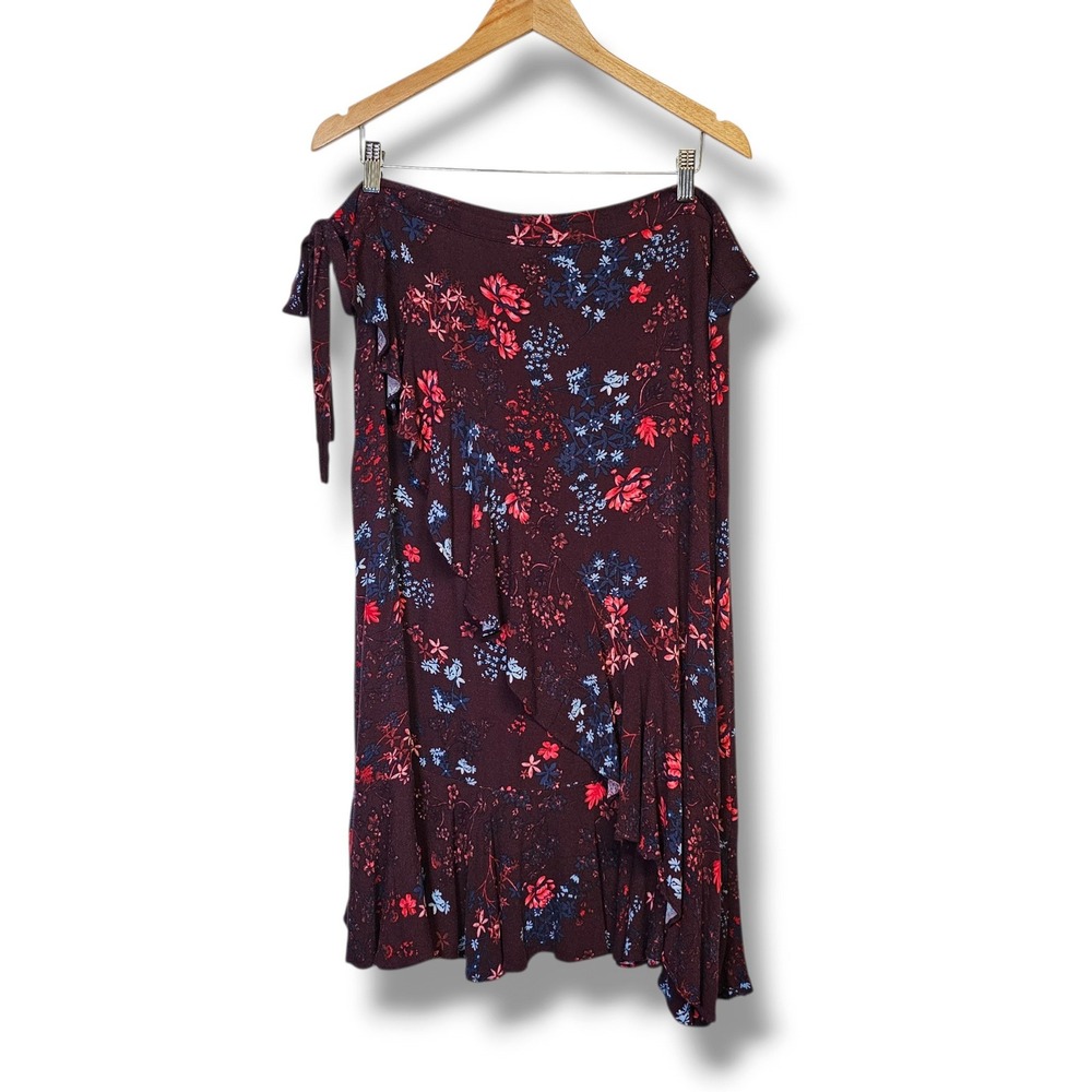 Liz Claiborne Faux Wrap Skirt 18 Burgundy Dark Floral Ruffle Midi Tie Waist Fall